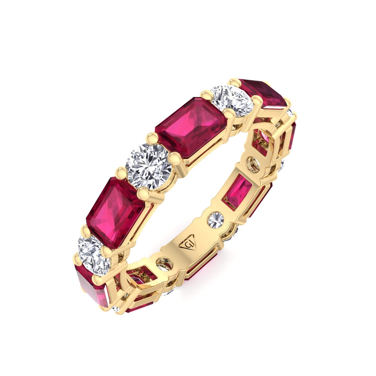 Alternating Natural Emerald Shape Red Ruby and Round Shape Diamond Eternity Band Yellow Gold 14K 18K