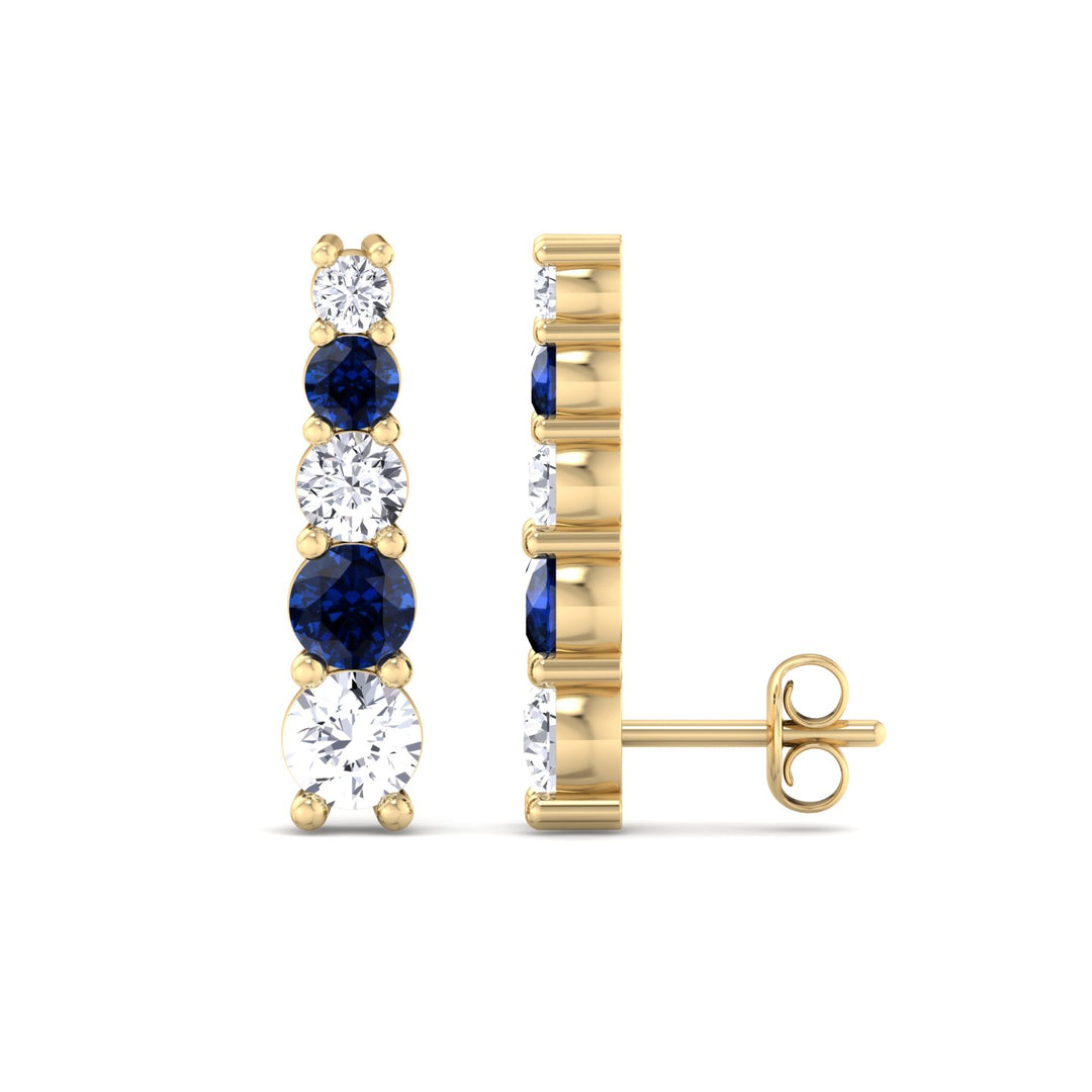 Graduated Natural Diamond and Blue Sapphire Climber Earrings-3CT-14K-18K-Yellow Gold