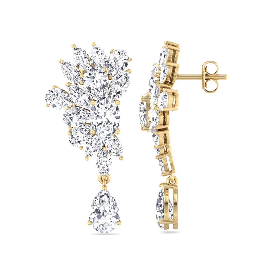 Cluster Marquise and Pear Shape Natural Diamond Drop Earrings Yellow Gold
