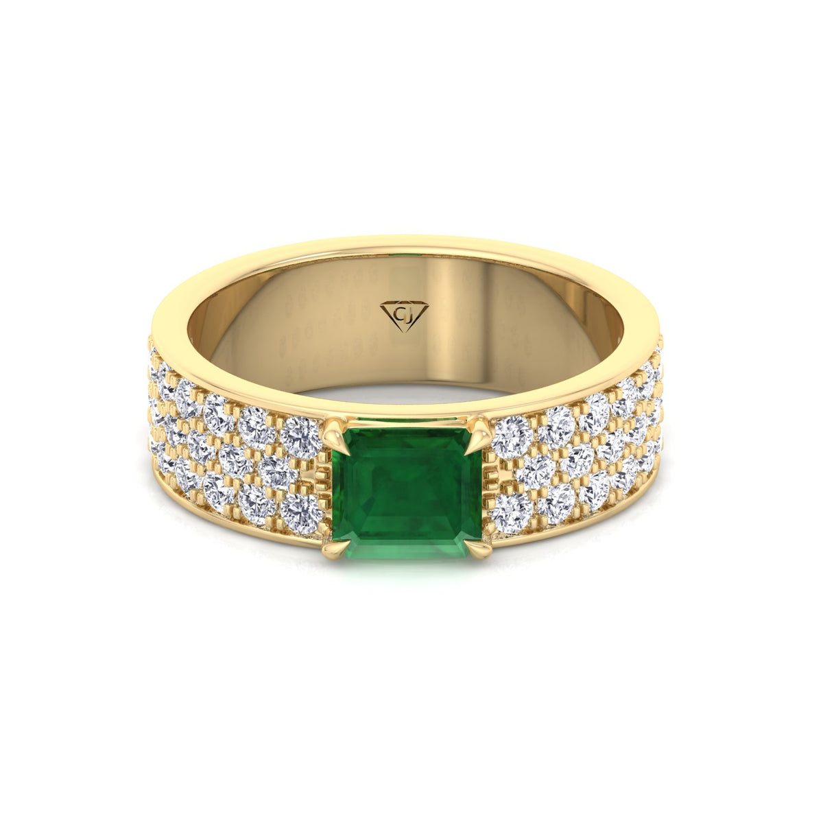 Natural Green Emerald Cushion Cut with Pave Eternity Band YG 3
