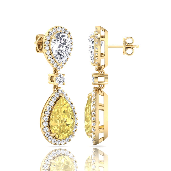 Pear & Round Cut Natural Diamond & Fancy Yellow Diamond Halo Drop Earrings