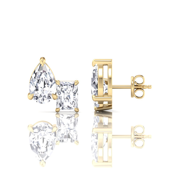 Radiant and Pear Shape-- Toi Et Moi-- Natural Diamond Studs-14K-18K-0.5CT-1CT-2CT- Yellow Gold