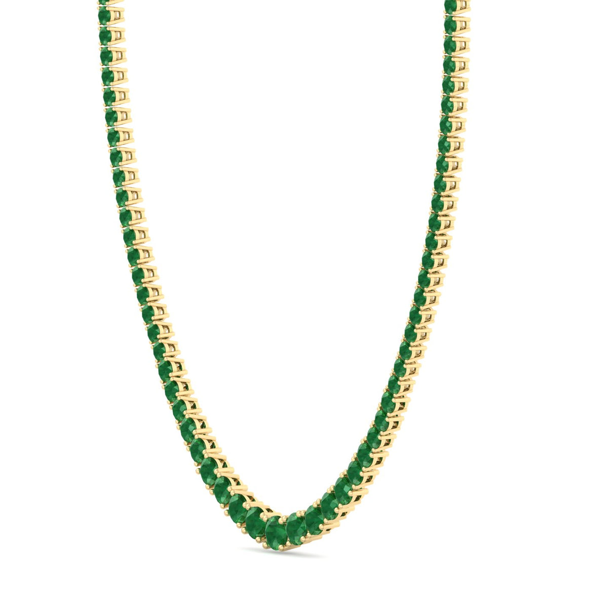 4 Prong Graduated Natural Green Emerald Tennis Necklace Yellow Gold