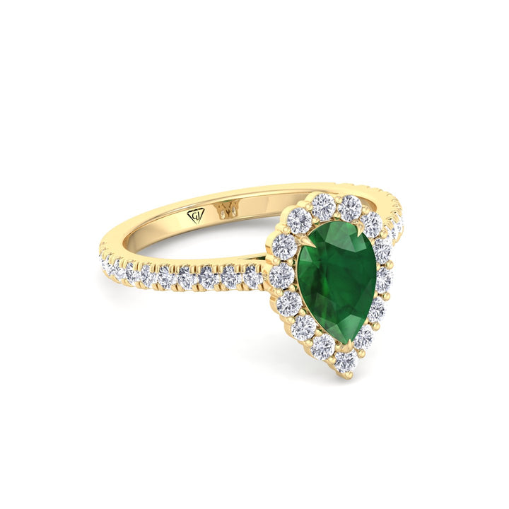 Natural Pear Shape Green Emerald Halo Engagement Ring With Pave Band