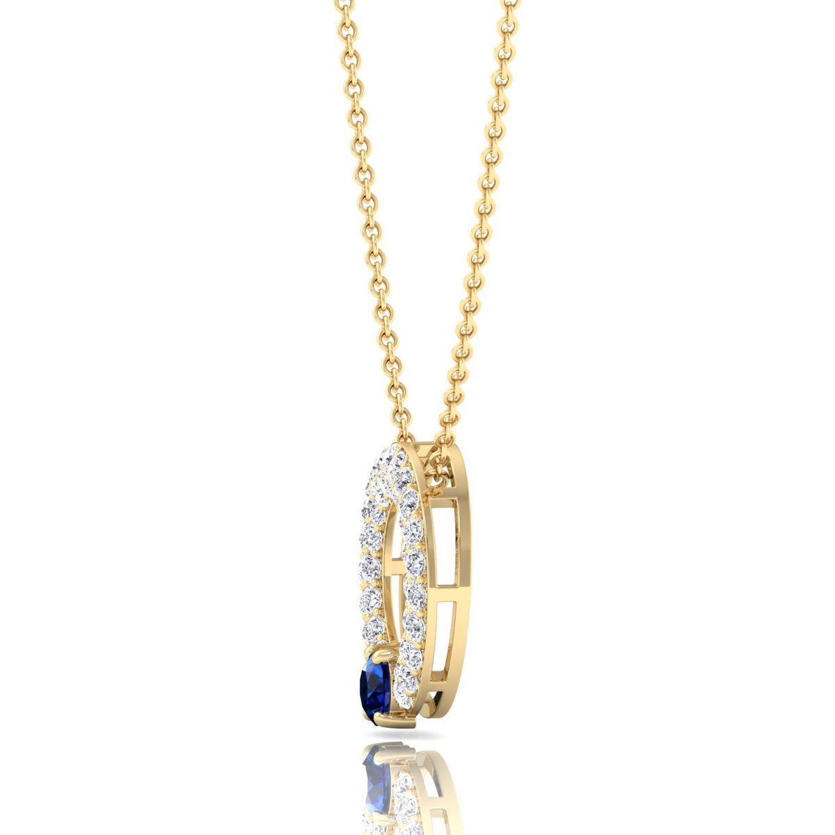 Round Shape Natural Diamond & Blue Sapphire Open Circle Pendant-1.25CT-14K-Yellow Gold