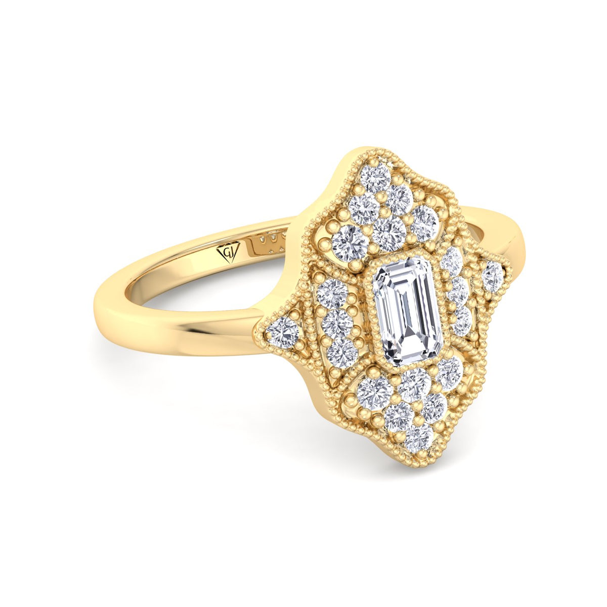 Ornella - Vintage Style Emerald Shape Diamond Engagement Ring With Round Side Stone - Gem Jewelers Co