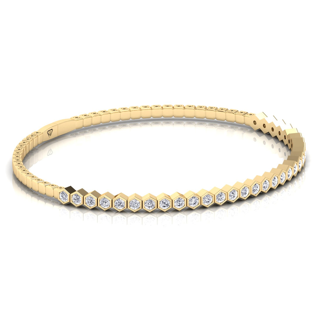 Hexagonal Bezel Set Natural Diamond Flexible Bangle Yellow Gold 14K