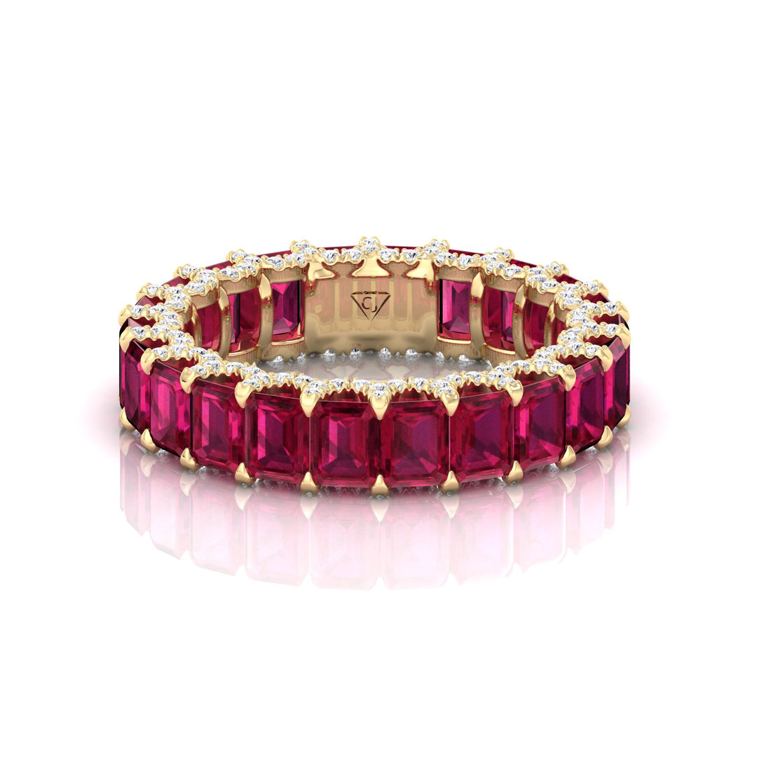 Emerald Cut Natural Red Ruby Eternity Band with Invisible Halo