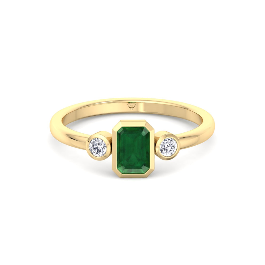 Bezel Set Three Stone Natural Green Emerald and Diamond Engagement Ring