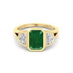 Bezel Set Natural Emerald Shape Green Emerald with Half Moon Diamond Sidestones Engagement Ring Yellow Gold 14K