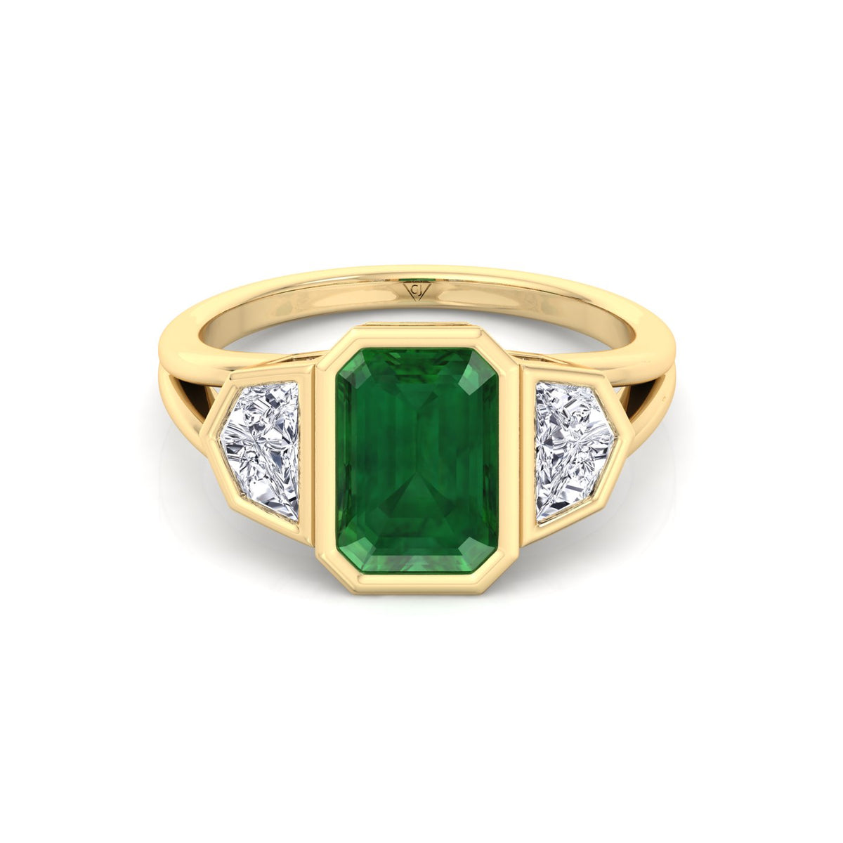 Bezel Set Natural Emerald Shape Green Emerald with Half Moon Diamond Sidestones Engagement Ring Yellow Gold 14K