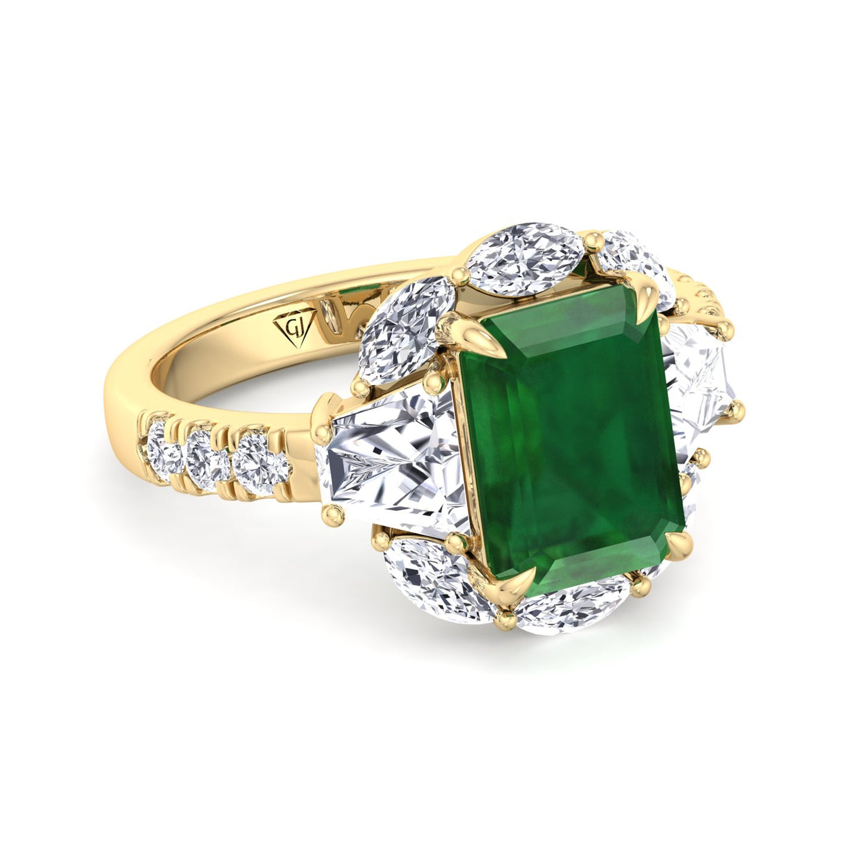 Anzola - Emerald Shape Green Emerald Engagement Ring with Marquise, Trapezoid, and Round Side Stones - Gem Jewelers Co