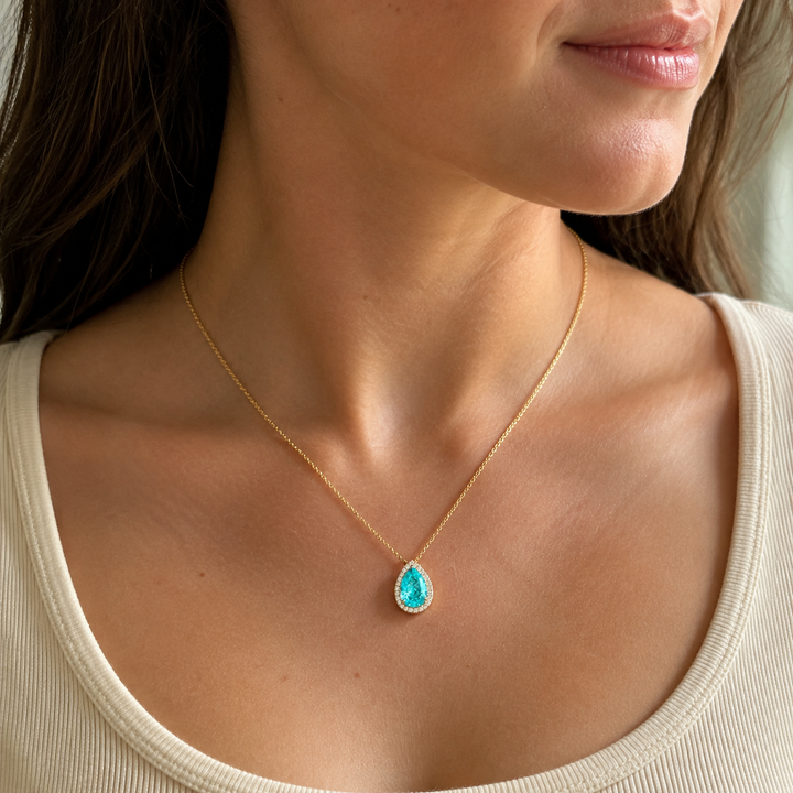 Pear Shape Halo Natural Paraiba Tourmaline Pendant Yellow Gold