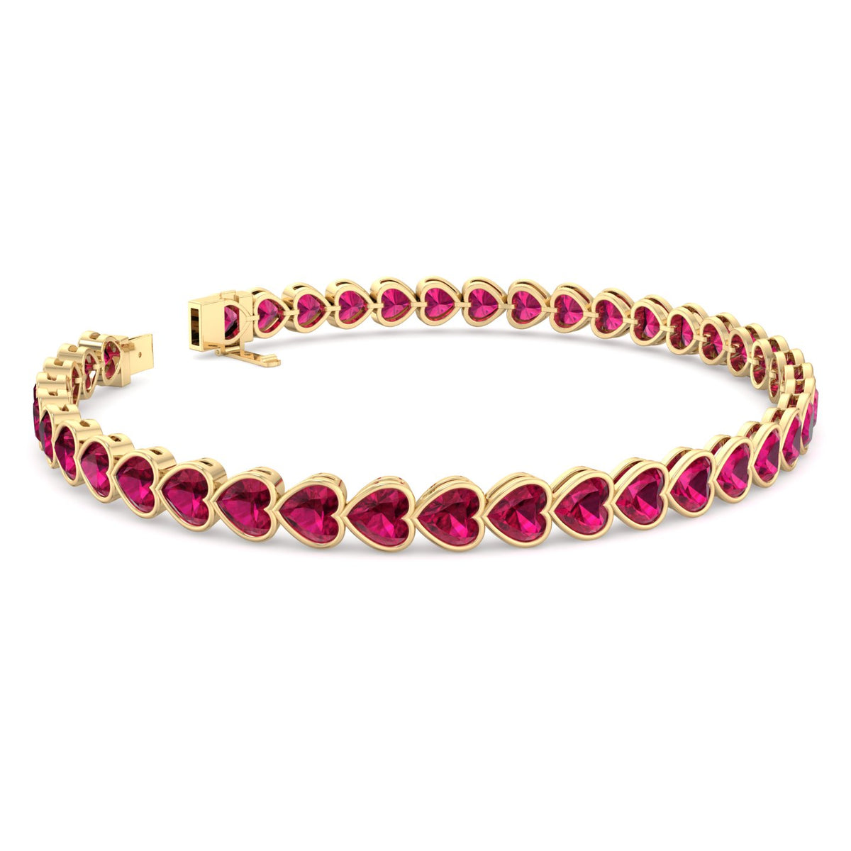 East to West Heart Shape Bezel Set Natural Red Ruby Tennis Bracelet Yellow Gold 14K