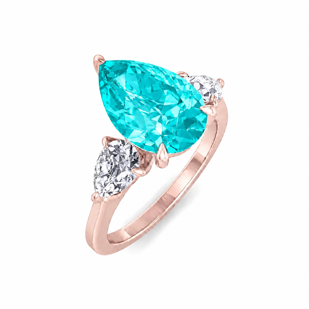 Pear Shape Natural Paraiba Tourmaline Ring with Pear Sidestones Rose