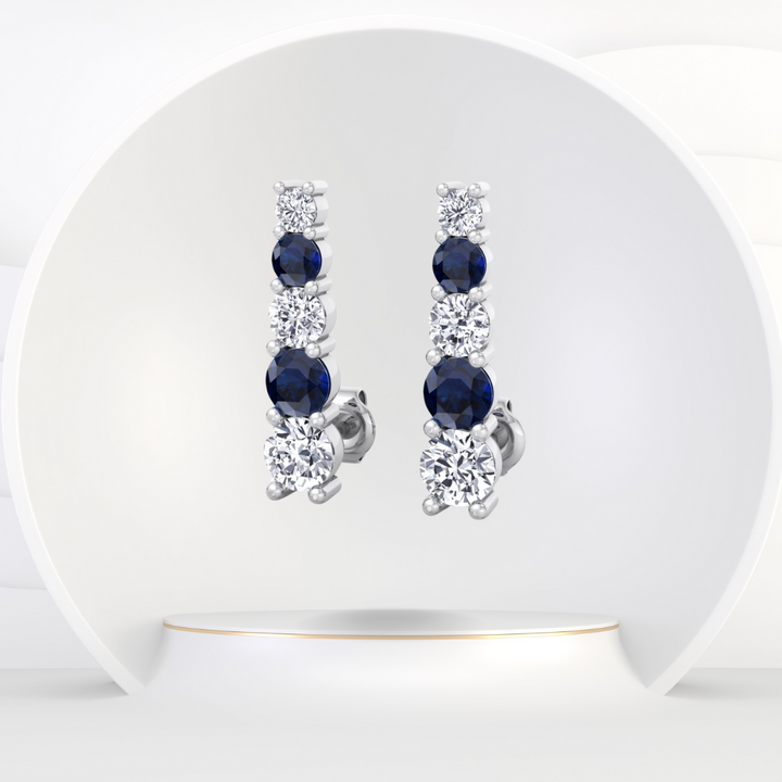 Graduated Natural Diamond and Blue Sapphire Climber Earrings-3CT-Platinum