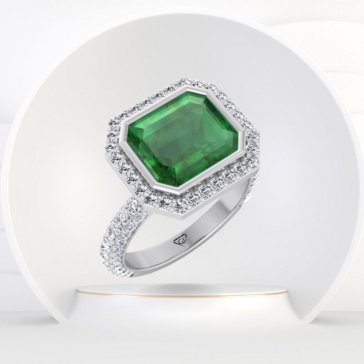 Natural Green Emerald Halo Engagement Ring With Pave Band WG main
