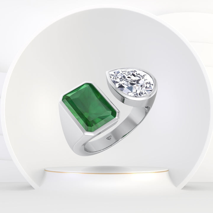 Pamina - Bezel Set Toi Et Moi Green Emerald and Pear Shape Diamond Open Ring - Gem Jewelers Co