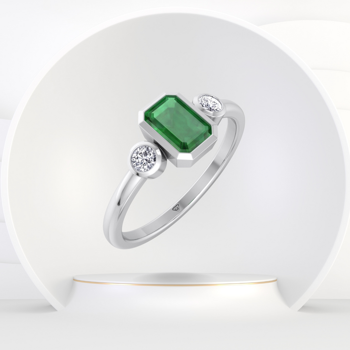 Bezel Set Three Stone Natural Green Emerald and Diamond Engagement Ring