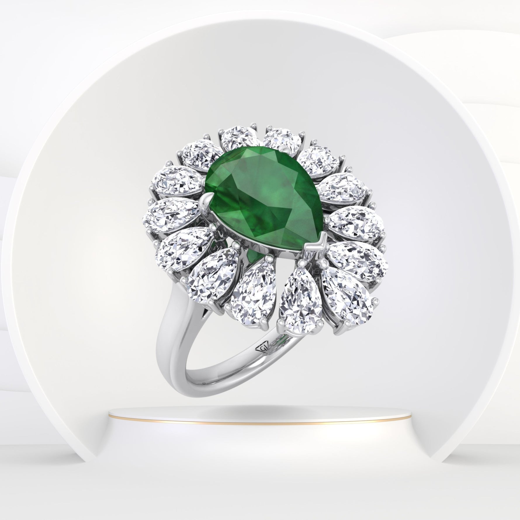 Sabrina - Pear Shape Green Emerald Engagement Ring with Pear Shape Diamond Halo - Gem Jewelers Co