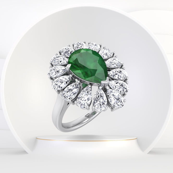 Sabrina - Pear Shape Green Emerald Engagement Ring with Pear Shape Diamond Halo - Gem Jewelers Co