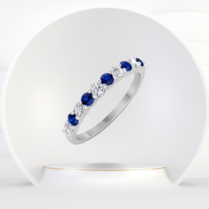 0.70CT Round Alternating Natural Blue Sapphire and Diamonds Halfway Eternity Band