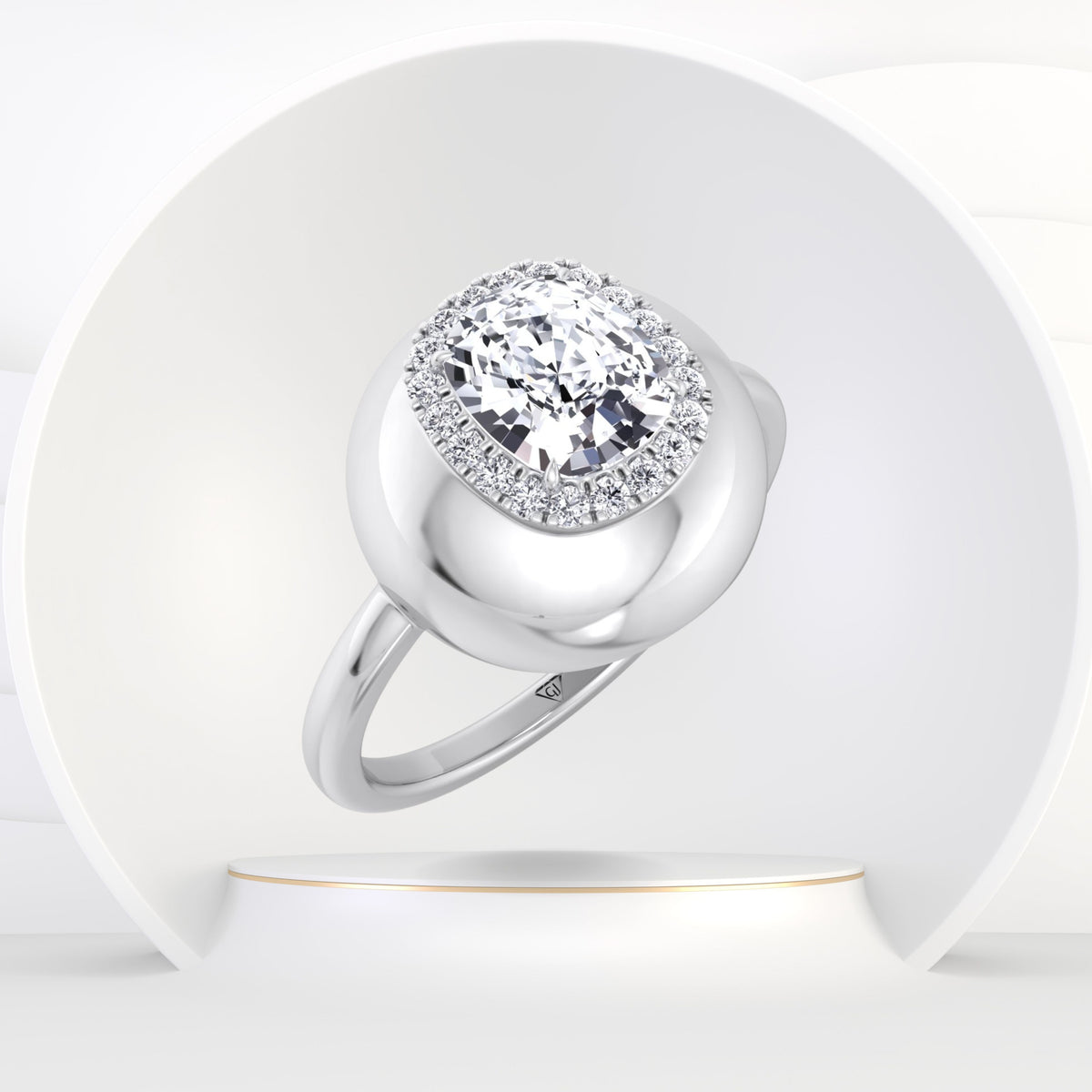 Inez - Bubble Bezel Cushion Shape Halo Diamond Engagement Ring - Gem Jewelers Co