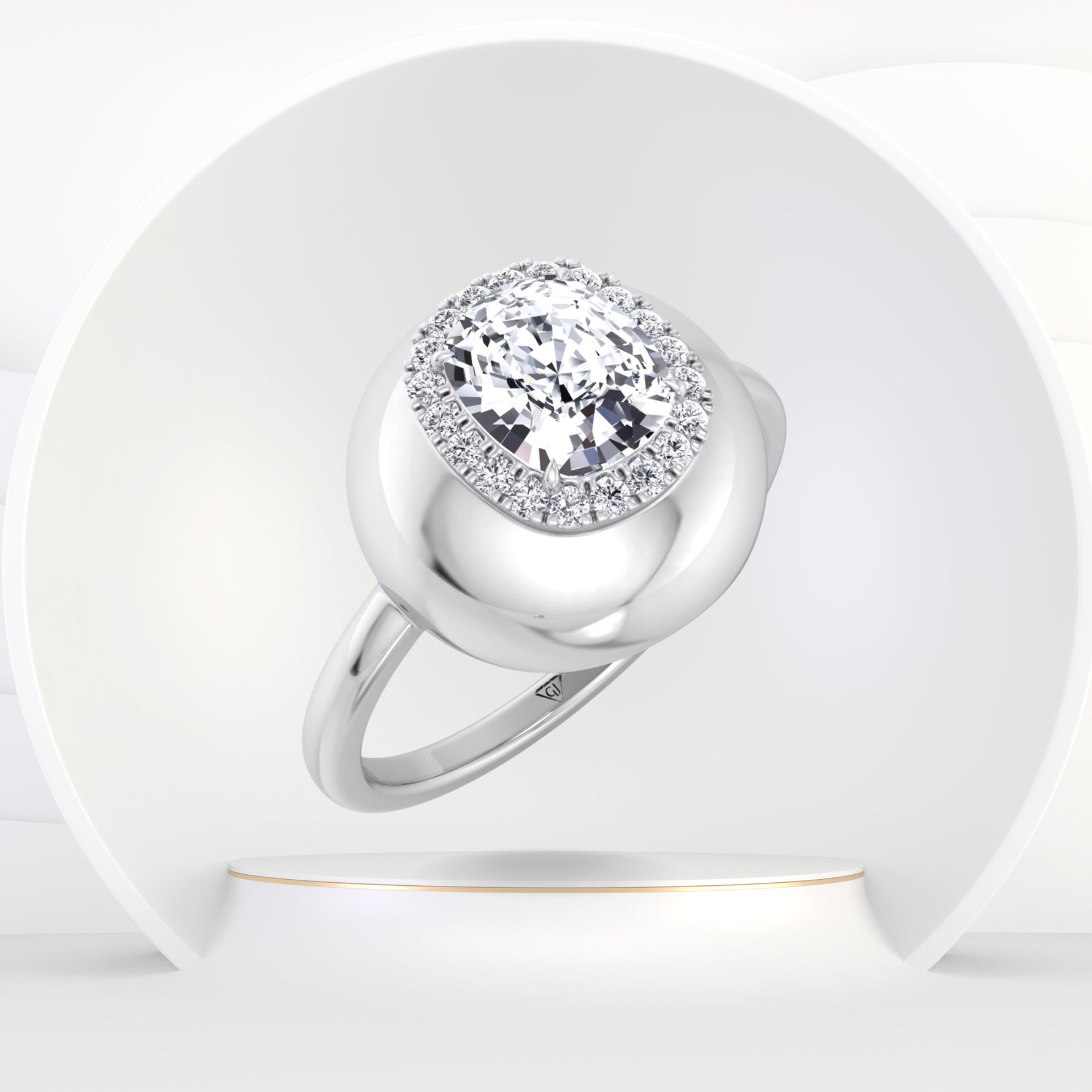 Inez - Bubble Bezel Cushion Shape Halo Diamond Engagement Ring - Gem Jewelers Co