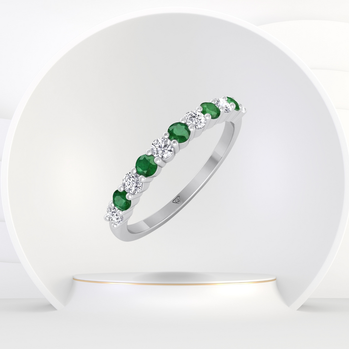 0.70CT Round Alternating Natural Green Emerald and Diamonds Halfway Eternity Band