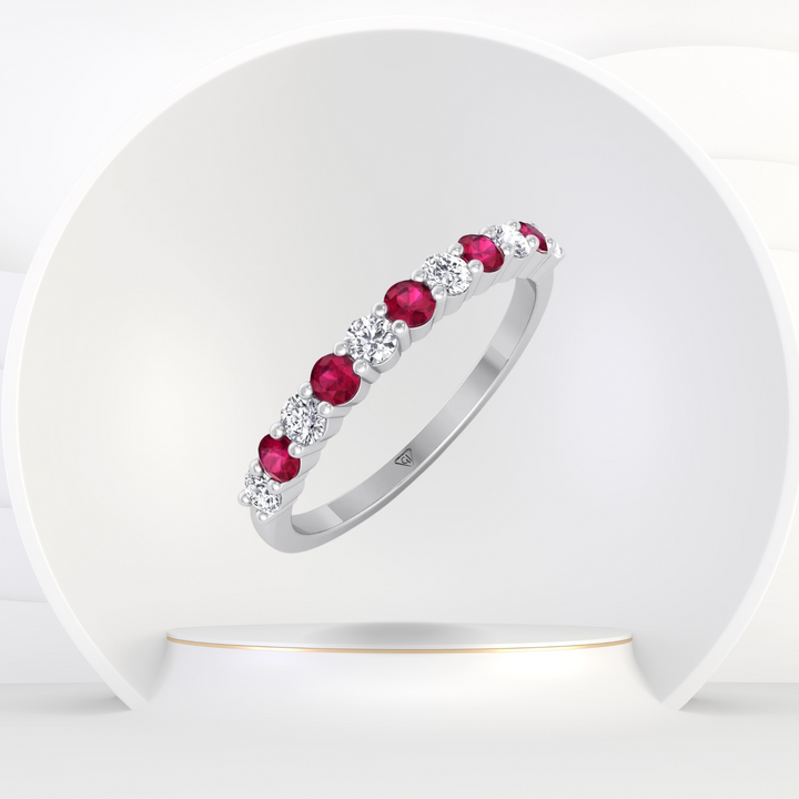 0.70CT Round Alternating Natural Red Ruby and Diamonds Halfway Eternity Band