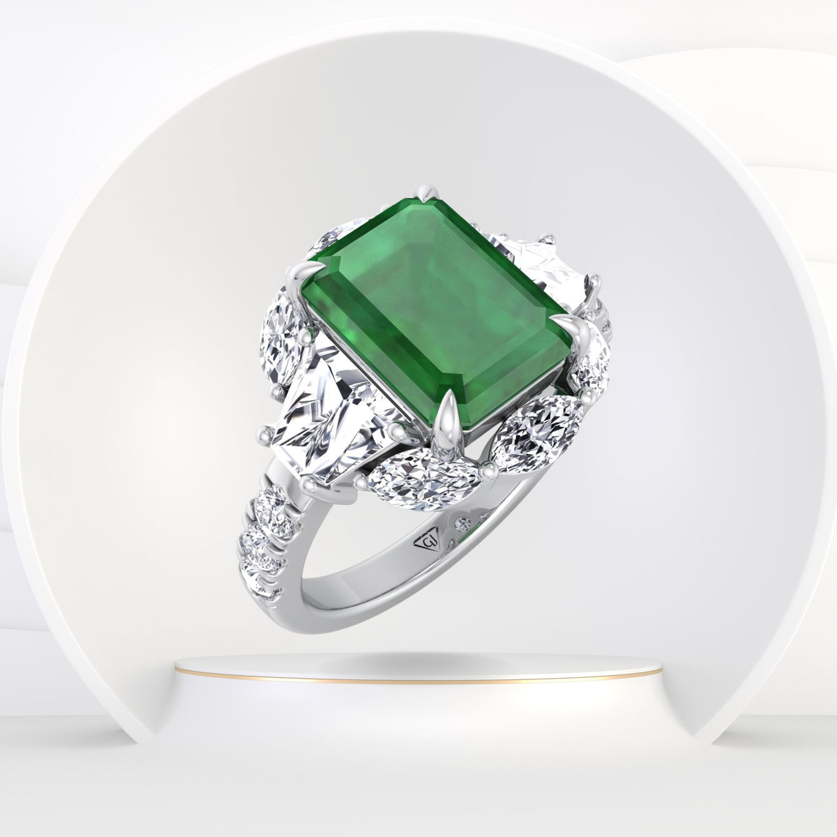 Anzola - Emerald Shape Green Emerald Engagement Ring with Marquise, Trapezoid, and Round Side Stones - Gem Jewelers Co