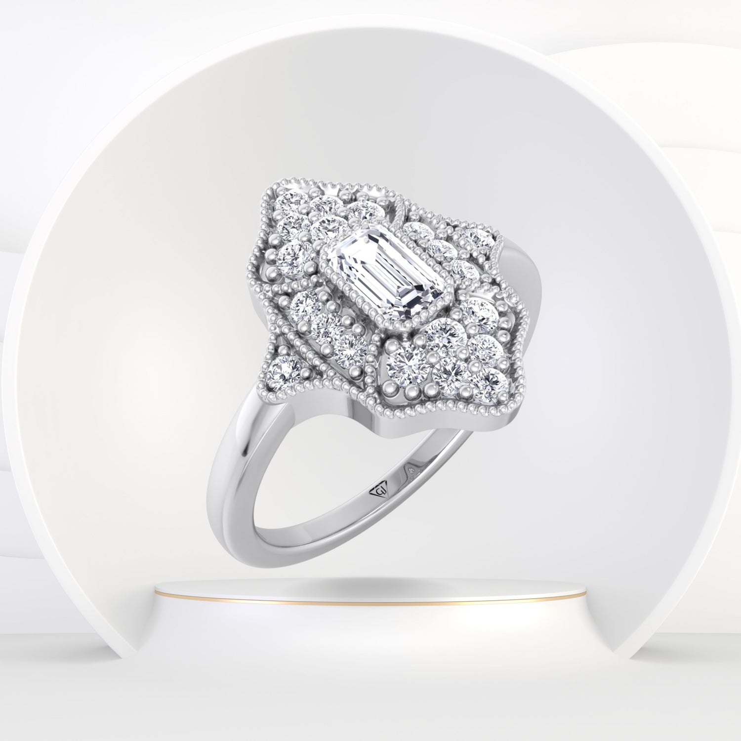 Ornella - Vintage Style Emerald Shape Diamond Engagement Ring With Round Side Stone - Gem Jewelers Co