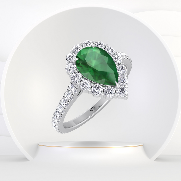 Natural Pear Shape Green Emerald Halo Engagement Ring With Pave Band