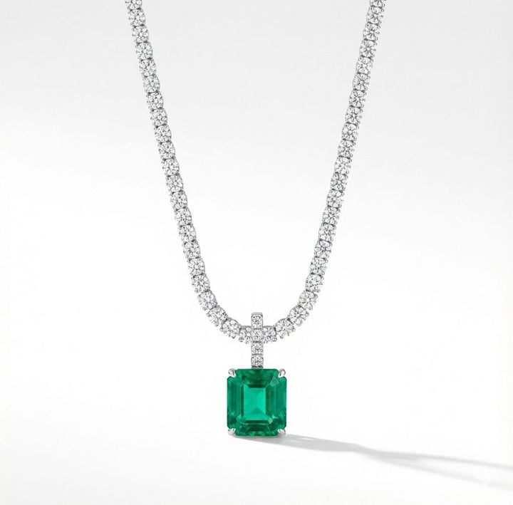 Natural Diamond Tennis Neck with Natural Green Emerald Pendant White Gold 