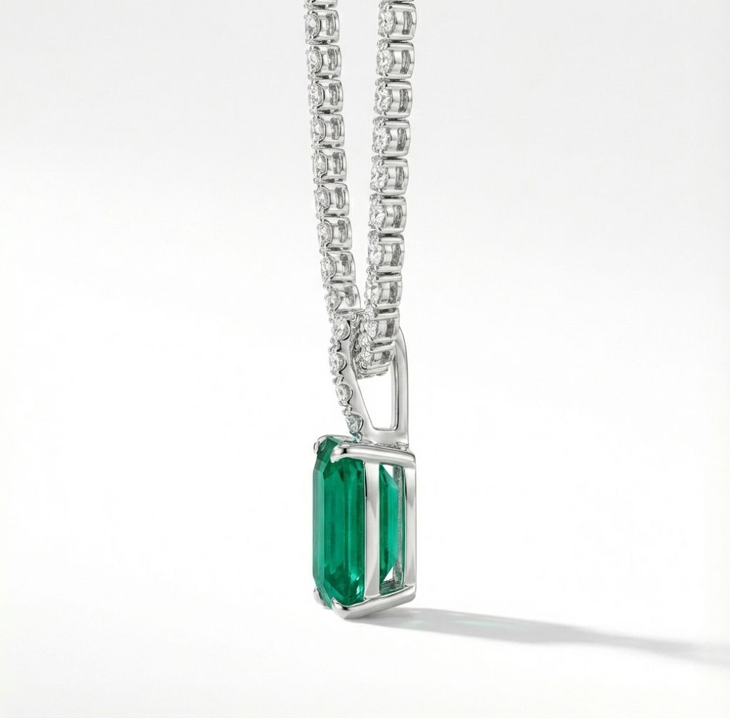 Natural Diamond Tennis Neck with Natural Green Emerald Pendant White Gold  18K