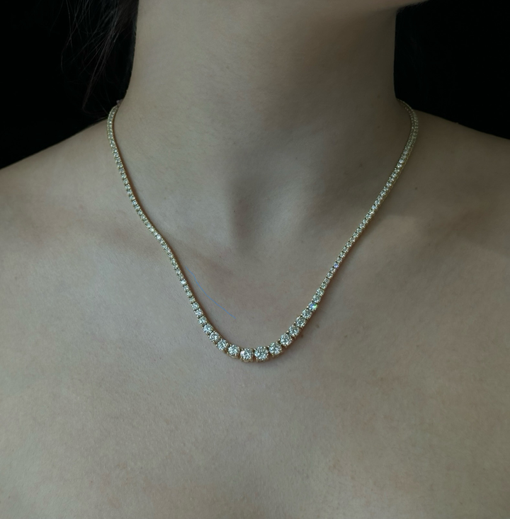 4 Prong Graduated Natural Diamond Tennis Necklace 14K Solid Gold
