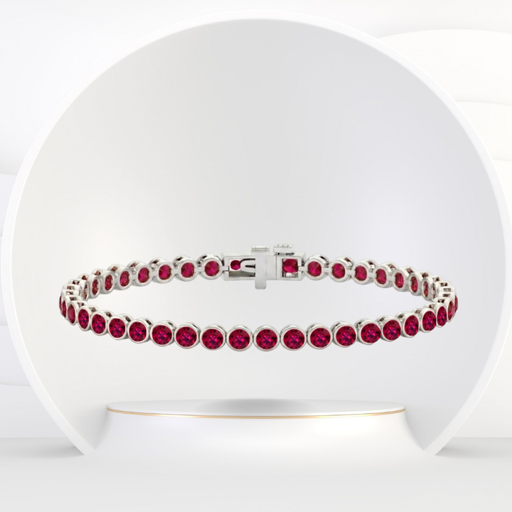 Bezel Set Natural Red Ruby Tennis Bracelet 14K Solid Gold