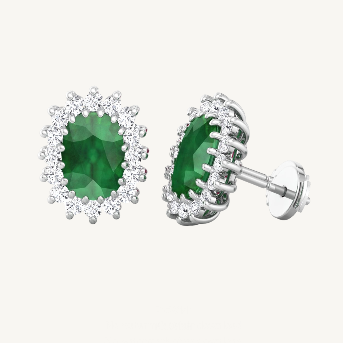 Oval Cut Emerald and Diamond Halo Flower Style Earrings