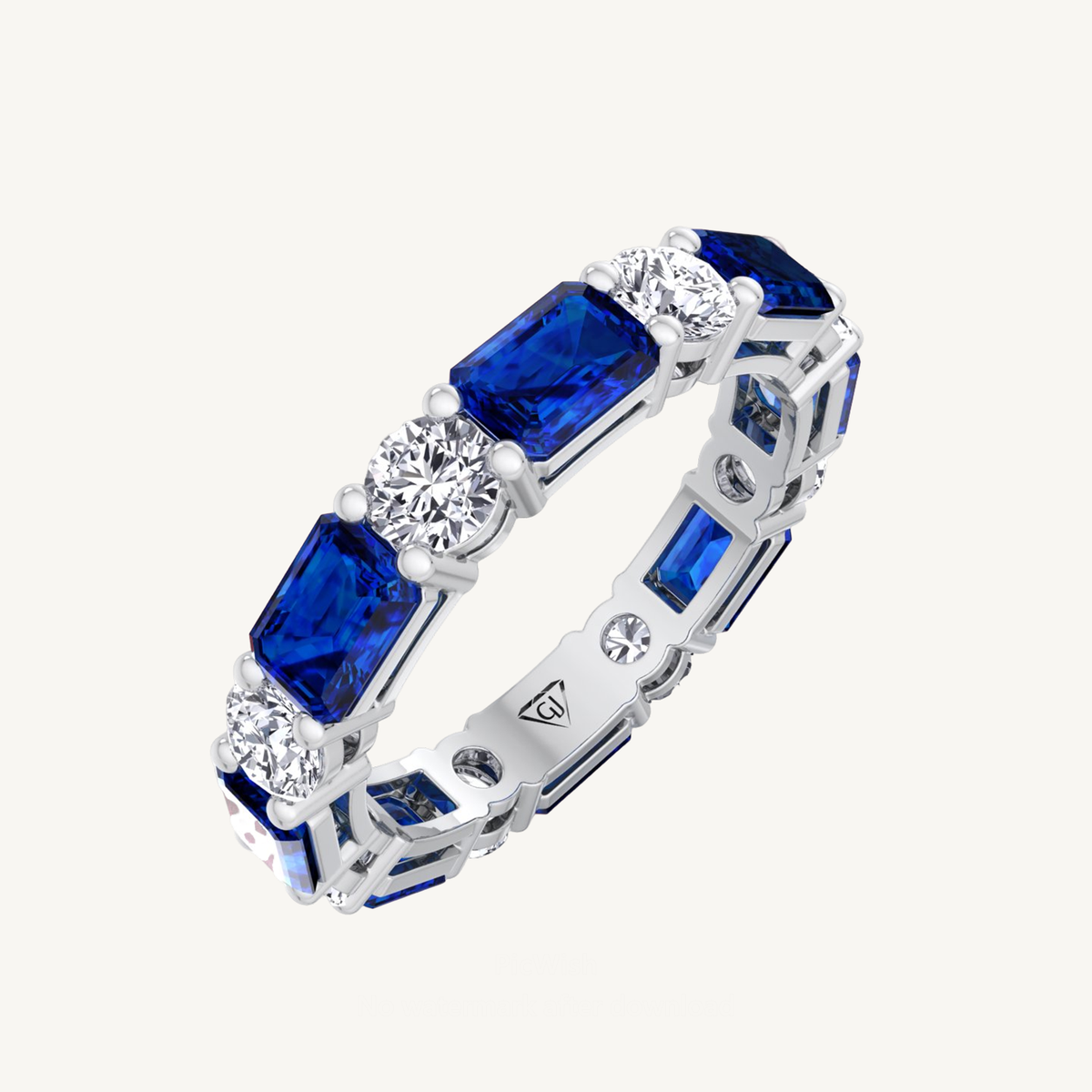 Alternating Natural Emerald Shape Blue Sapphire and Round Shape Diamond Eternity Band