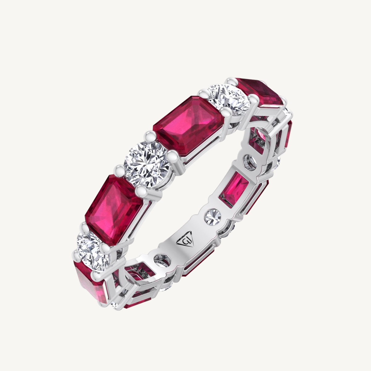 Alternating Natural Emerald Shape Red Ruby and Round Shape Diamond Eternity Band