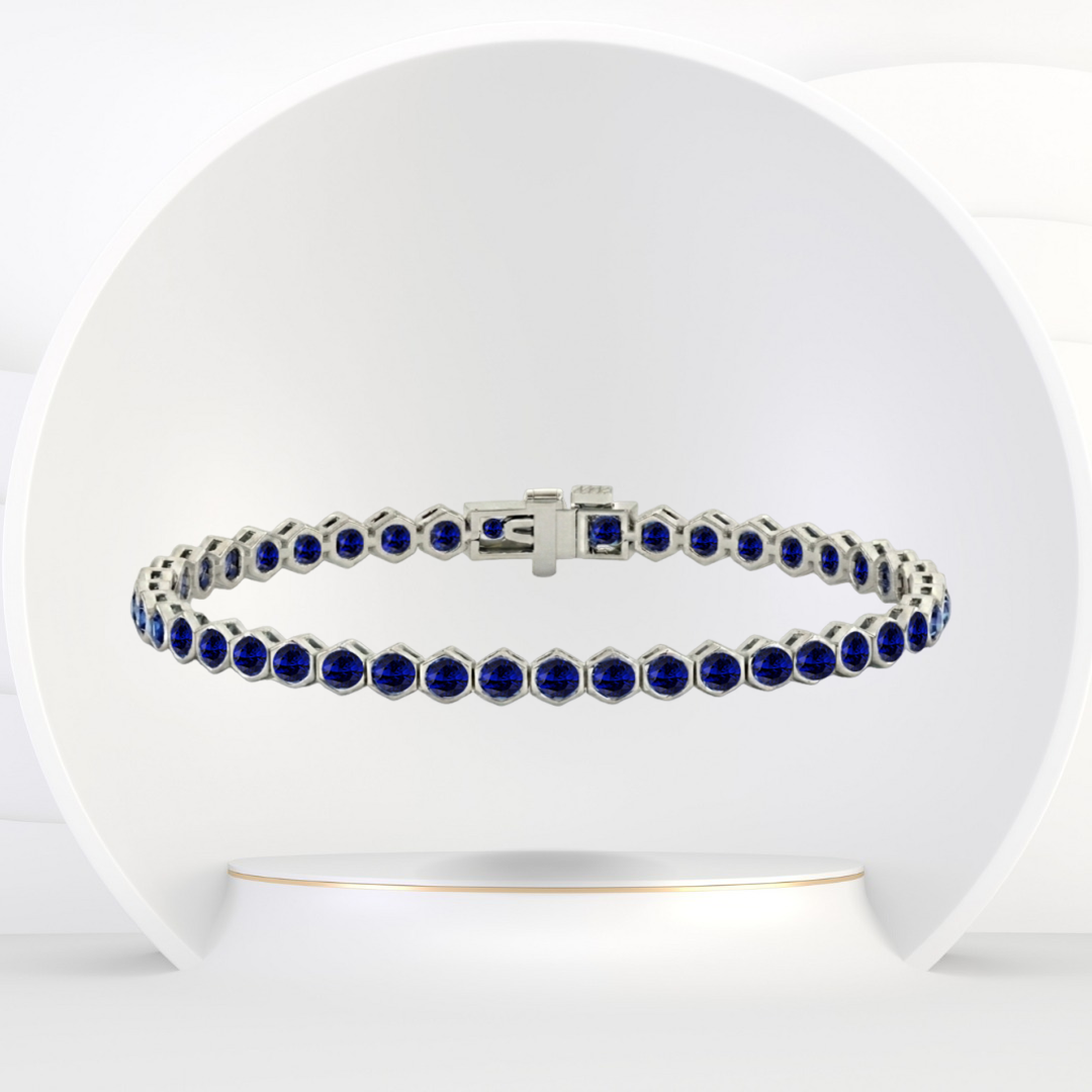 Bezel Set Natural Blue Sapphire Honeycomb Tennis Bracelet 14K