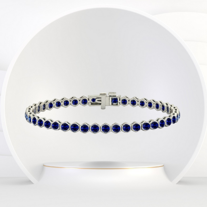 Bezel Set Natural Blue Sapphire Honeycomb Tennis Bracelet 14K