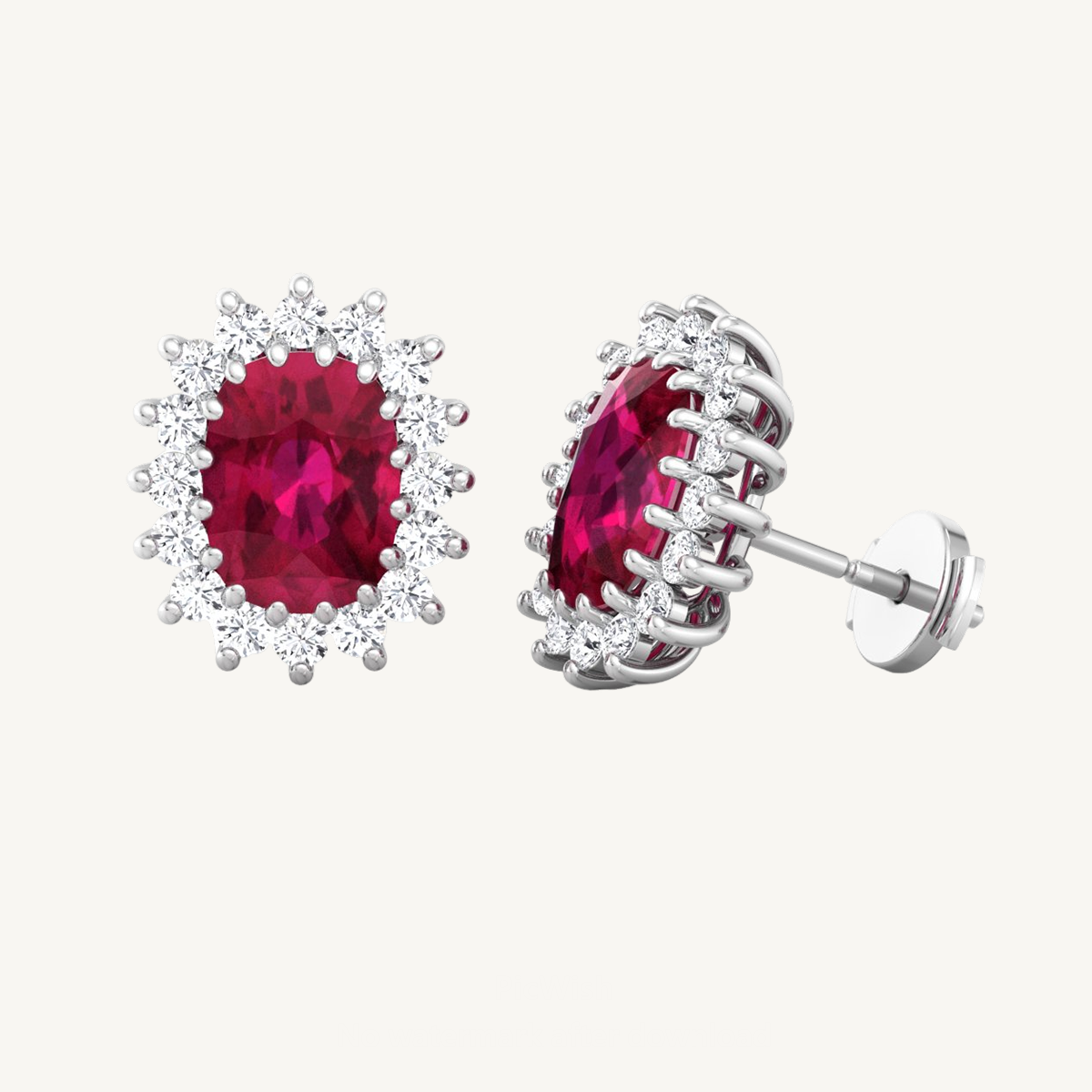 Oval Cut Ruby and Diamond Halo Flower Style Earrings
