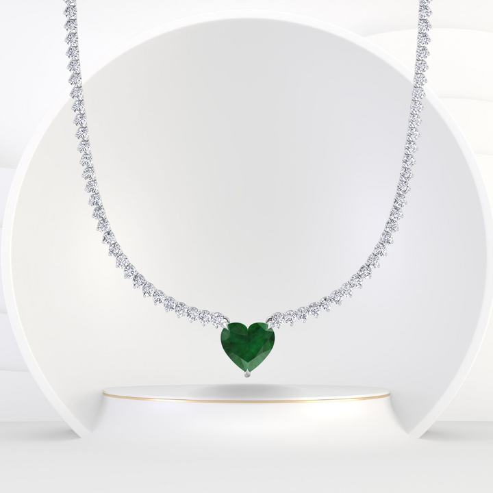 3-Prong Tennis Necklace with Green Emerald Heart Shape Pendant