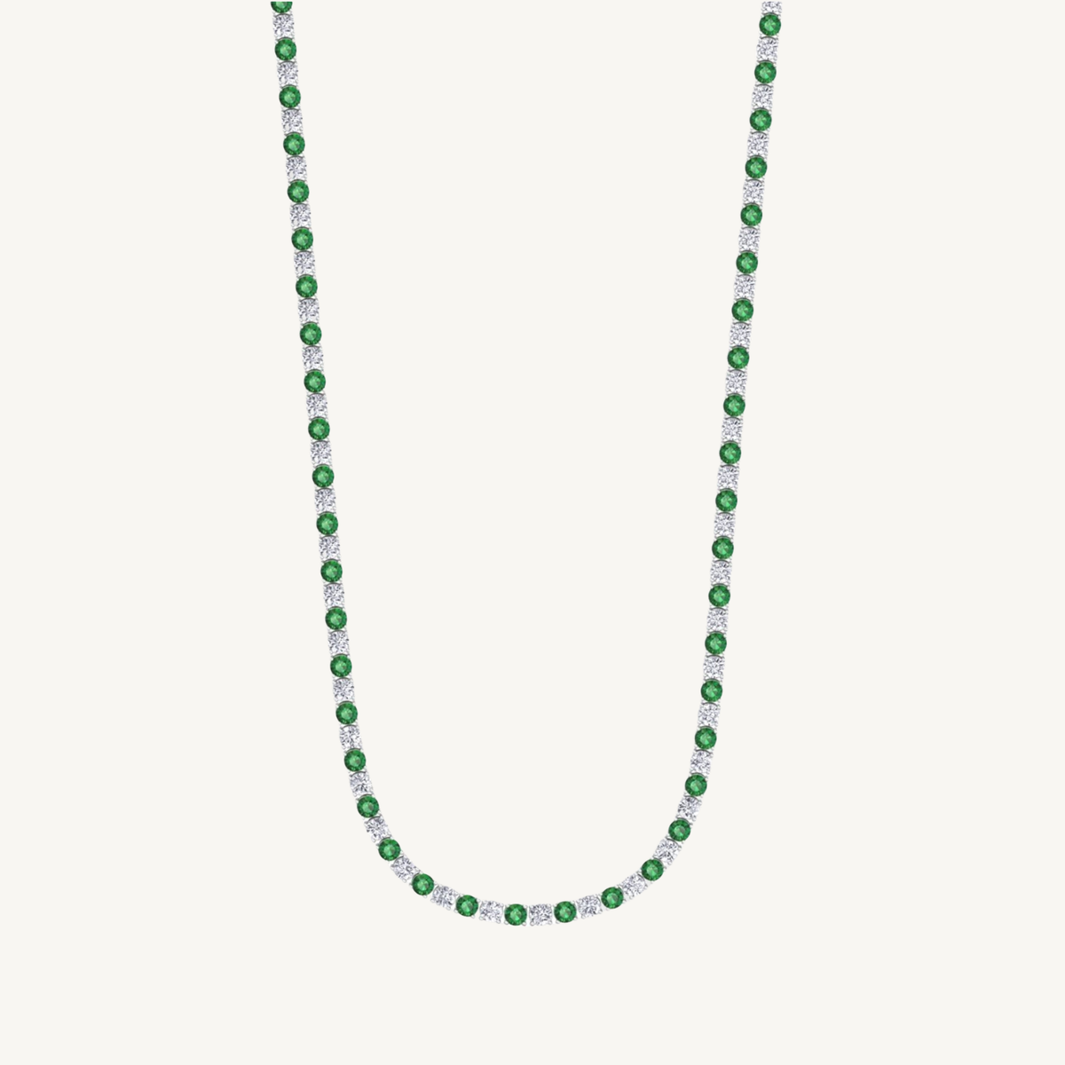 Alternating Green Emerald and Natural Diamond Tennis Necklace 14K Solid Gold