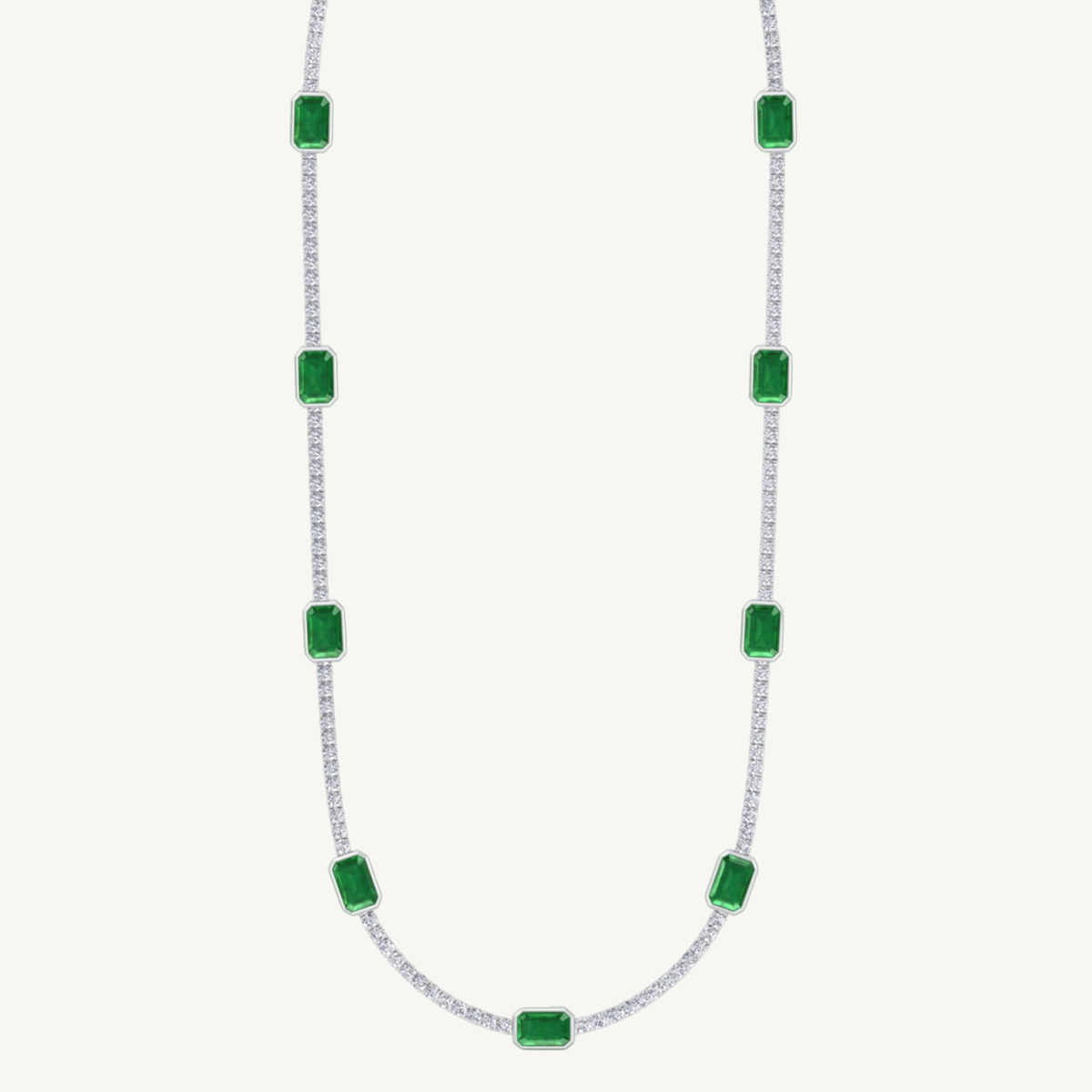 11CT T.W Natural Diamond & Green Emerald Station Tennis Necklace