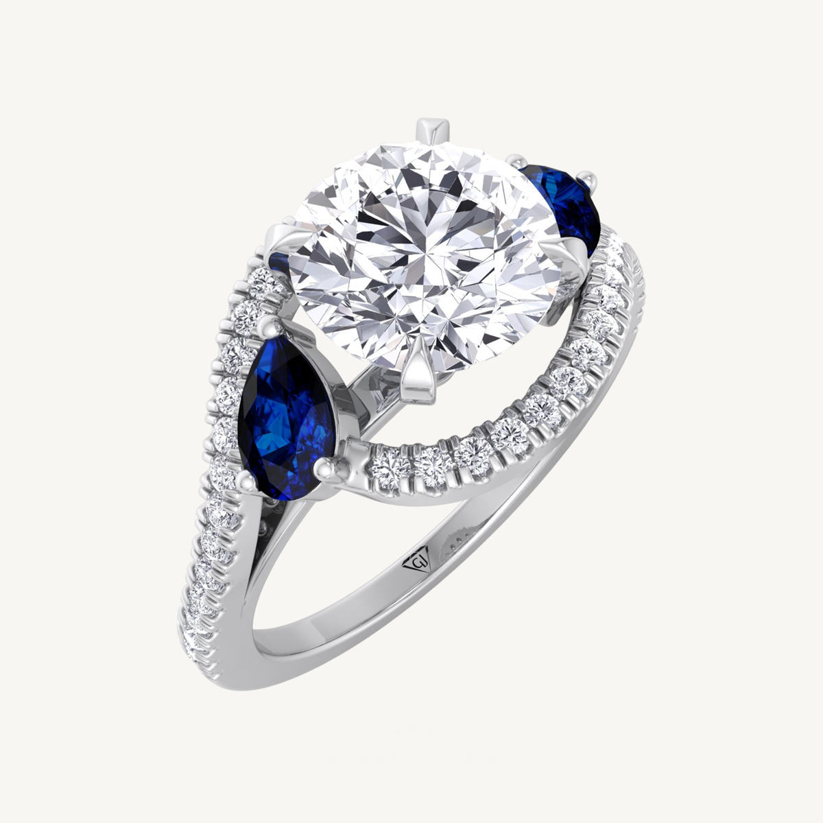 (2.85CT T.W.) Round Cut Diamond Engagement Ring with Halo & Blue Sapphire Pear Shape Sidestones