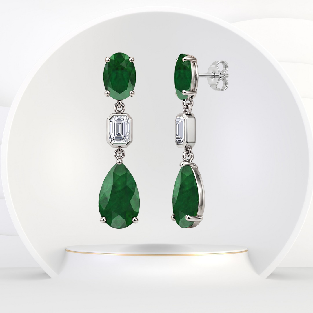 12CT Natural Oval & Pear Shape Green Emerald with Emerald Cut Diamond Drop Earrings