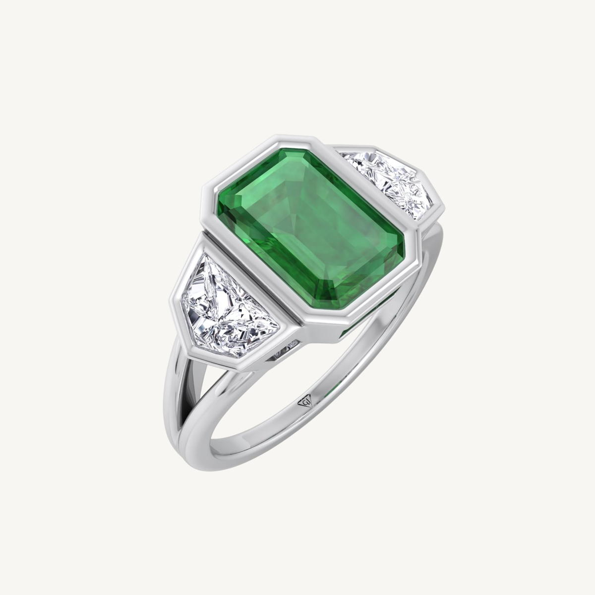 Bezel Set Natural Emerald Shape Green Emerald with Half Moon Diamond Sidestones Engagement Ring