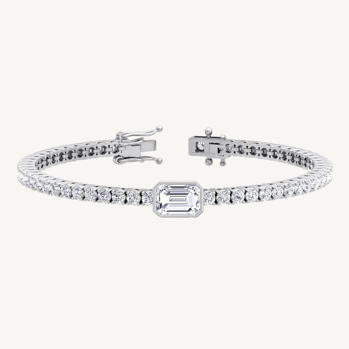7CT T.W Single Stone Emerald Shape Bezel Natural Diamond Tennis Bracelet 14K Solid Gold
